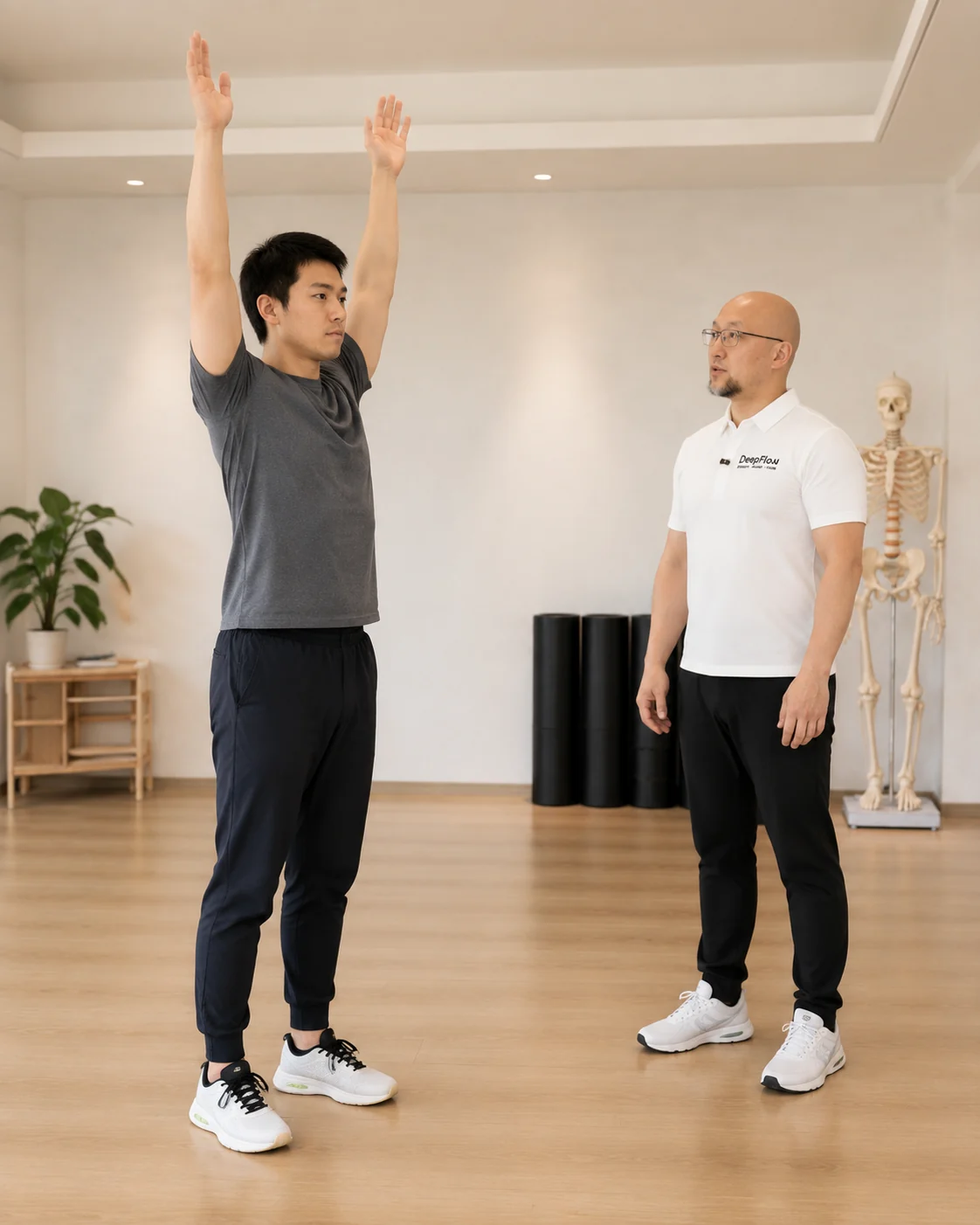 Frank张伟在工作室观察一名成年运动者完成上举动作