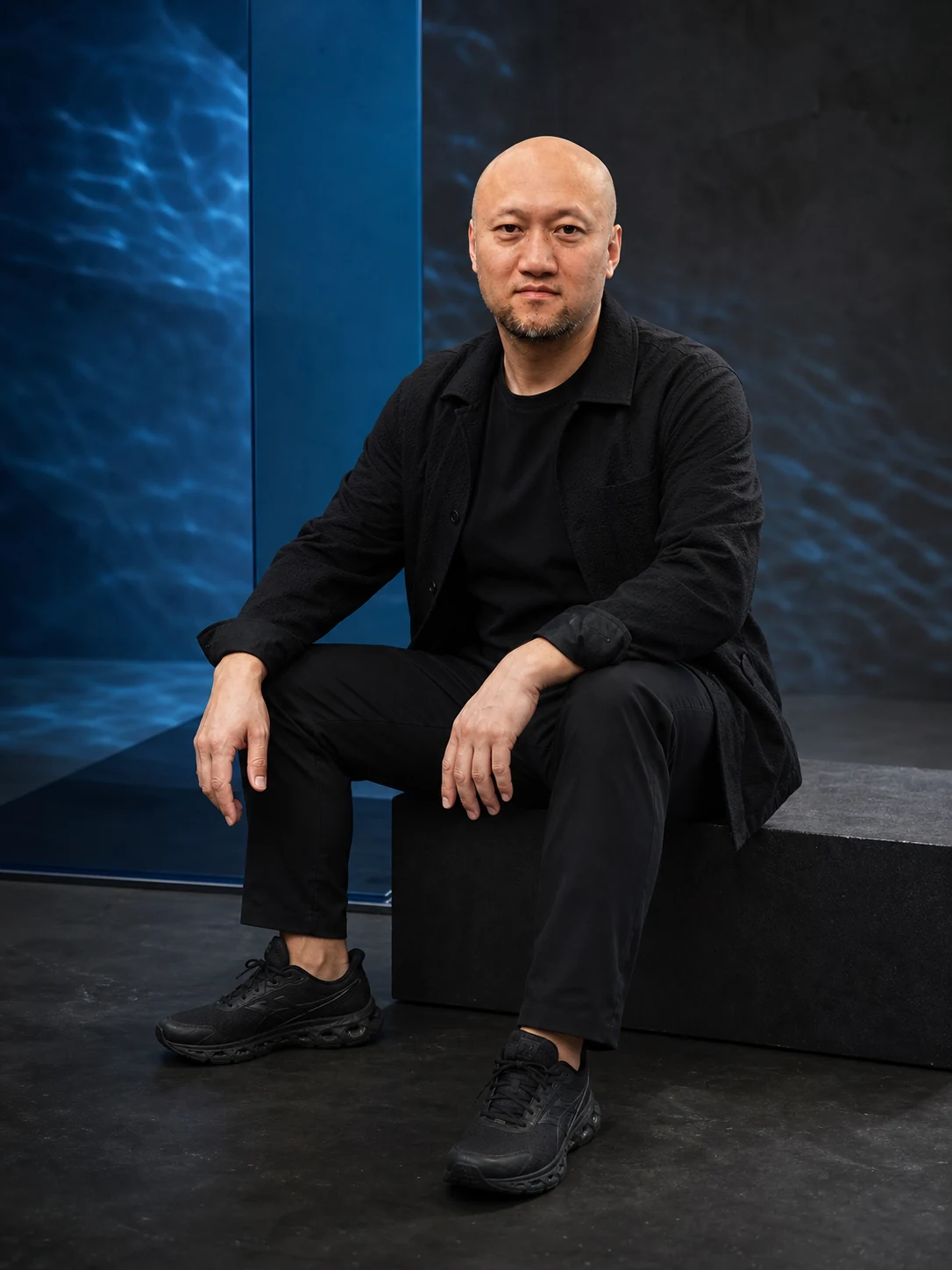 Frank张伟在工作室内的坐姿人物照
